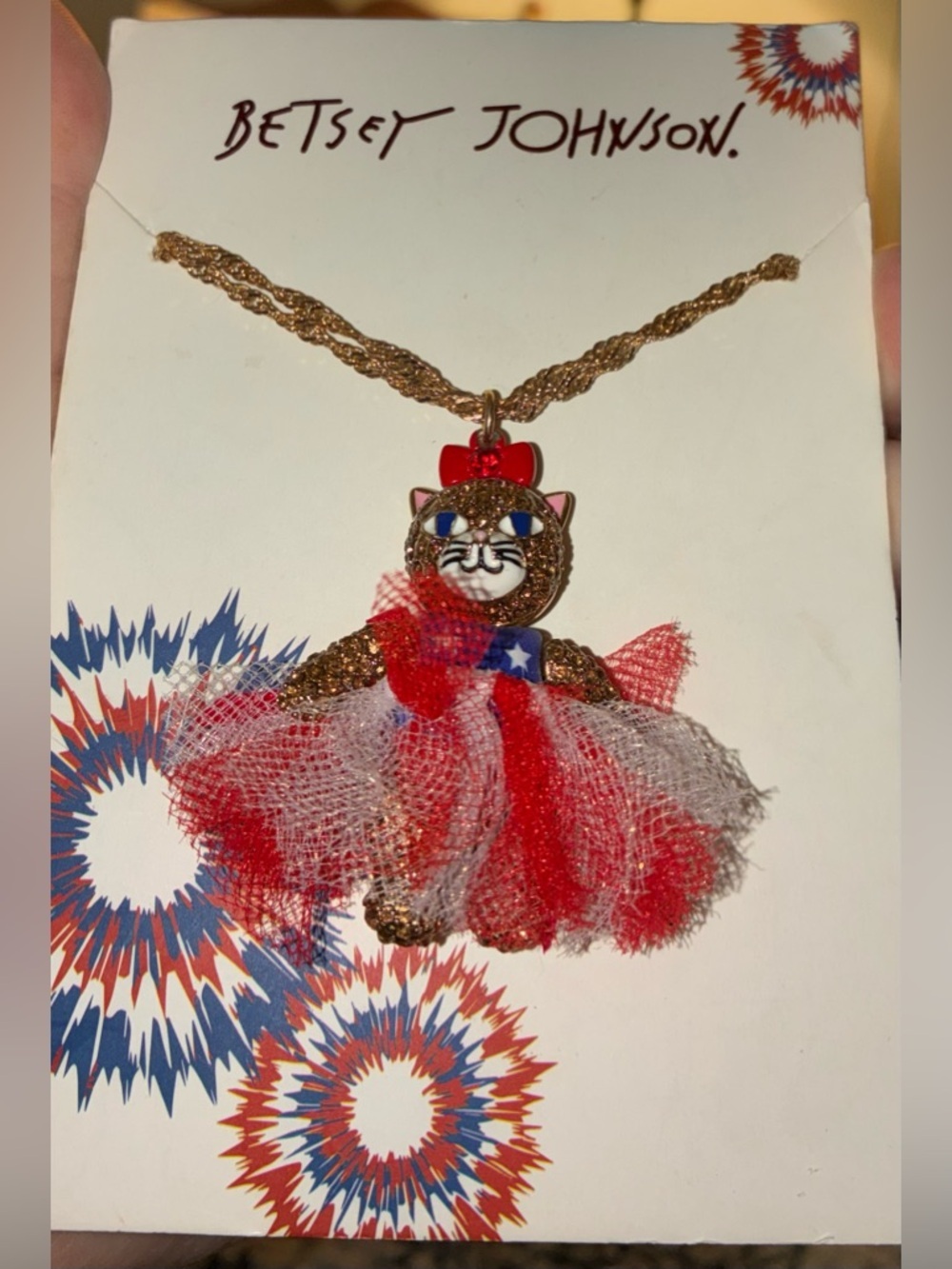 BETSEY JOHNSON Patriotic Pavé Crystal Red White Blue Kitty Cat Necklace NEW NWT